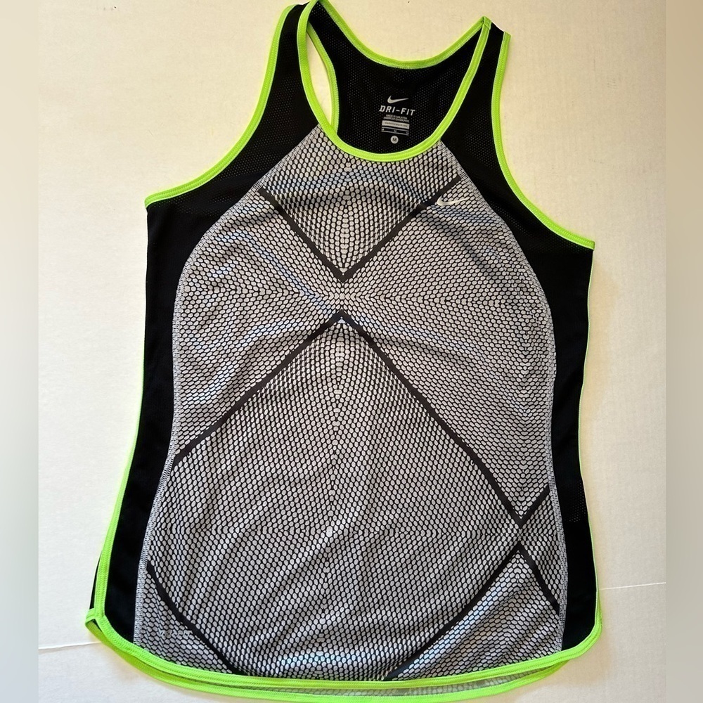 Nike Dri Fit women’s Athletic tank top in gray, black, & neon green. Sz M. J12